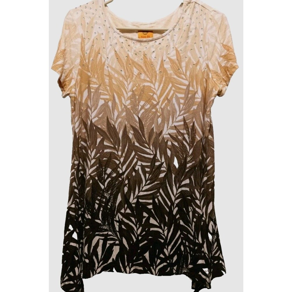 Ruby Rd Floral Beaded Overlay Top Women Orange Brown Short Sleeve S